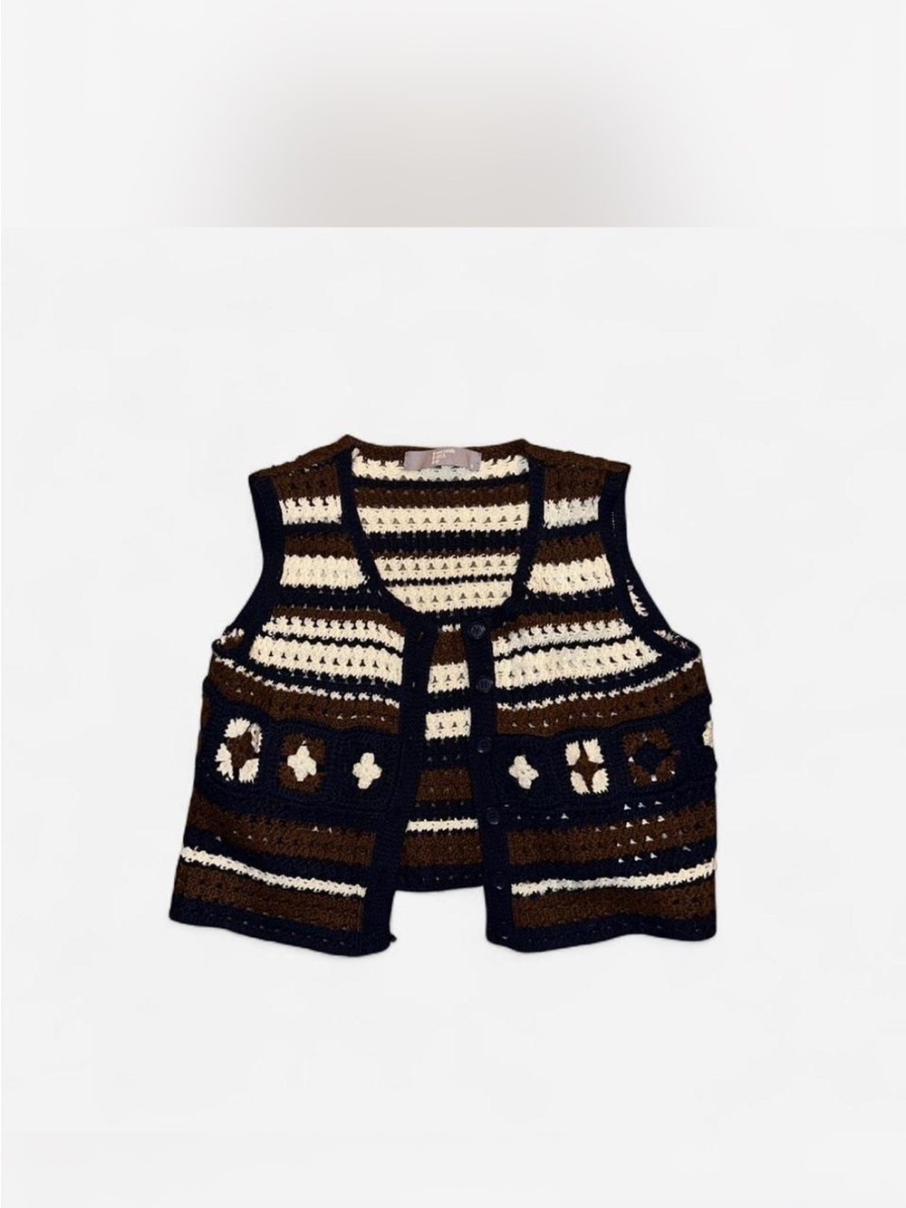 Crochet Knit Vest in Navy, Cream & Brown